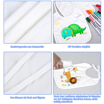Faburo 12 Stück Baby Lätzchen zum Bemalen, 20 * 24cm Baby Lätzchen aus Baumwolle Doppelseitig mit 14pcs Farbigem Textilstift 5pcs Malen Schablonen für Babyshower Party