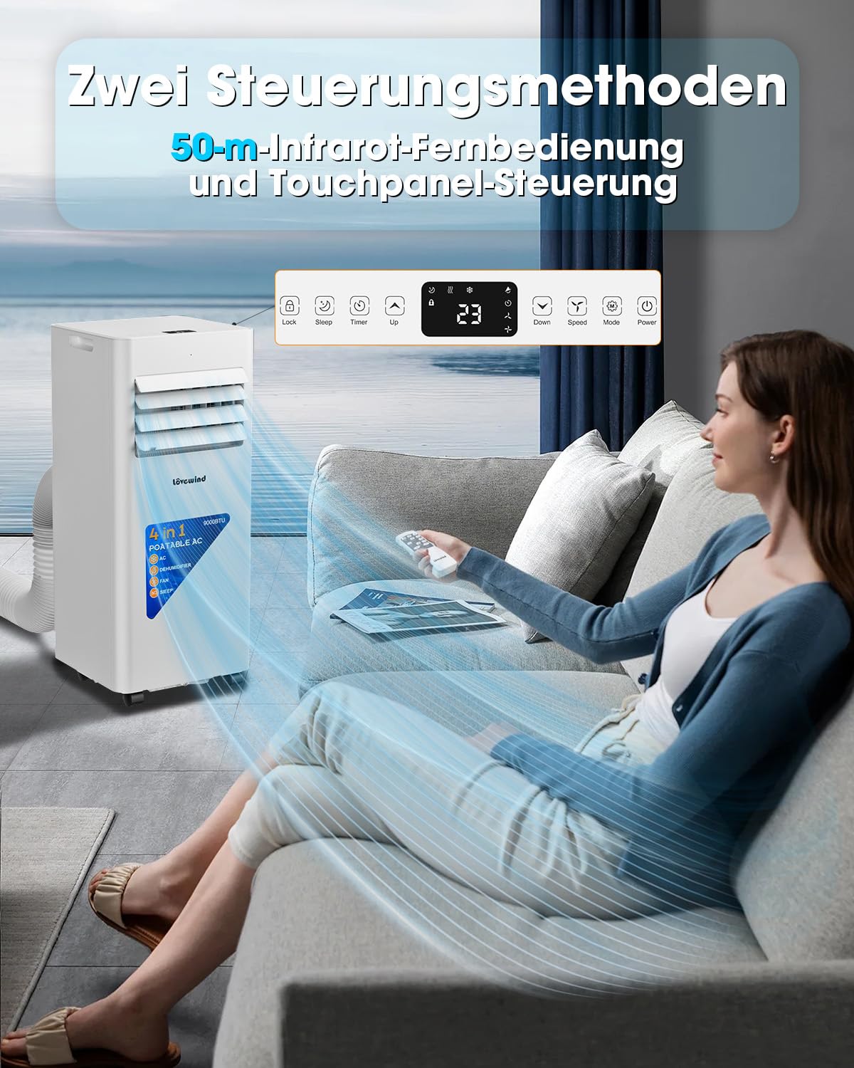 Lovewind Mobiles Klimagerät 9000 BTU (Eco R290), Leise 52 dB, Tragbare Klimaanlage mit Fernbedienung, 4-in-1 Kühlung, Entfeuchtung, Belüftung und Schlafen, IPX1 für Innenräume Büro