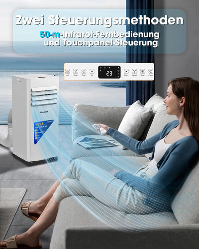 Lovewind Mobiles Klimagerät 9000 BTU (Eco R290), Leise 52 dB, Tragbare Klimaanlage mit Fernbedienung, 4-in-1 Kühlung, Entfeuchtung, Belüftung und Schlafen, IPX1 für Innenräume Büro