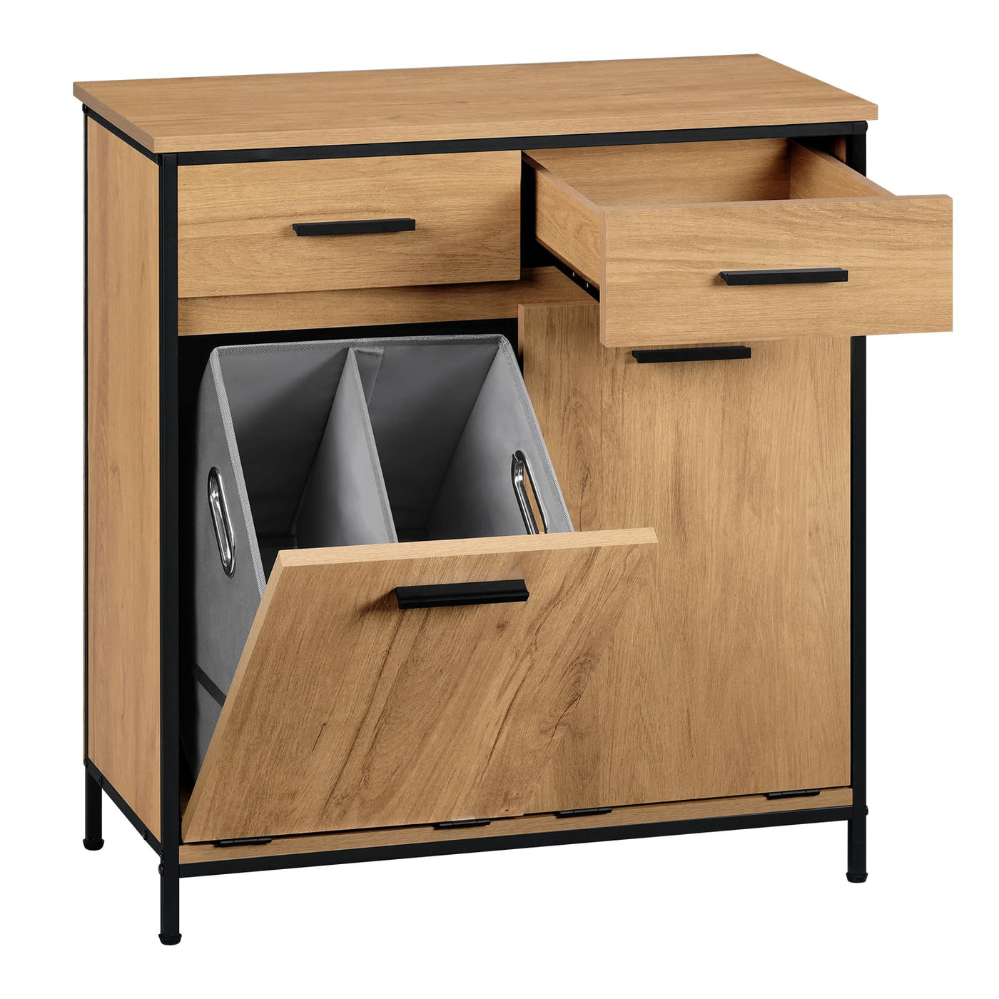 EUGAD Badezimmerschrank mit 2 faltbaren Wäschesäcken, Wäscheschrank mit 2 Schubladen, Wäschesammler Wäschekorb, Badschrank Badmöbel mit Metallrahmen, helle Eiche + Schwarz, 72,5x80x34 cm