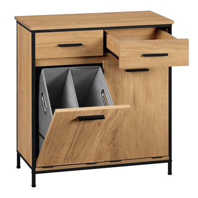 EUGAD Badezimmerschrank mit 2 faltbaren Wäschesäcken, Wäscheschrank mit 2 Schubladen, Wäschesammler Wäschekorb, Badschrank Badmöbel mit Metallrahmen, helle Eiche + Schwarz, 72,5x80x34 cm