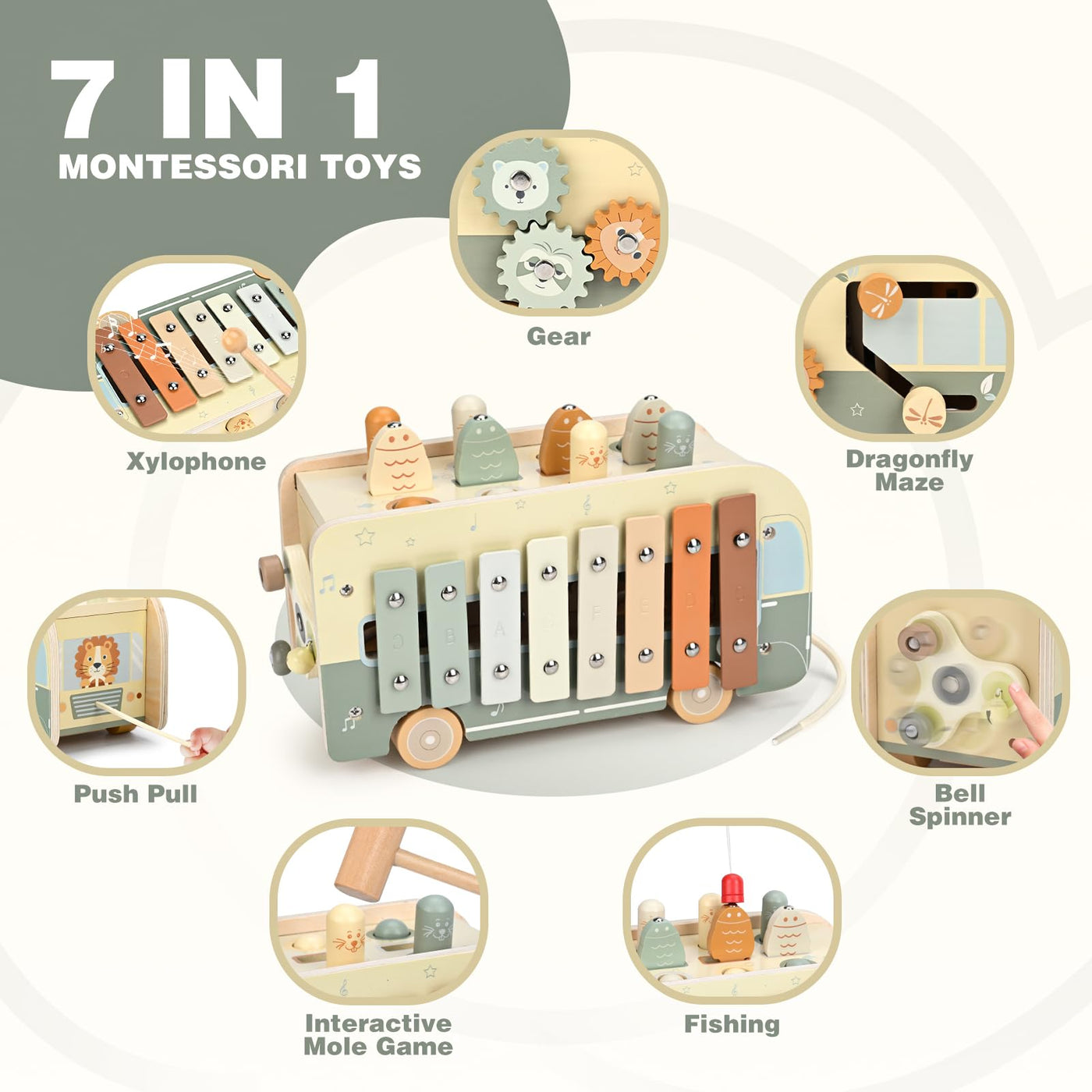 Vanplay Montessori Spielzeug ab 1 Jahr, 7 in 1 Hammerspiel Angelspiel Magnet Holzspielzeug Motorikspielzeug, Xylophon Kinder 1 Jahr, Geschenk Kinderspielzeug ab 1 2 3 Jahre Mädchen Junge