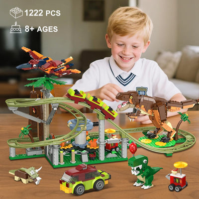 HOGOKIDS Dinosaurier Achterbahn Bausteine Spielzeug – 1222pcs Achterbahn Bauspielzeug mit 4 Dinosauriern, Geländewagen, Dinosauriermodellen, Geschenk für Erwachsene, Mädchen Jungen ab 8 Jahren