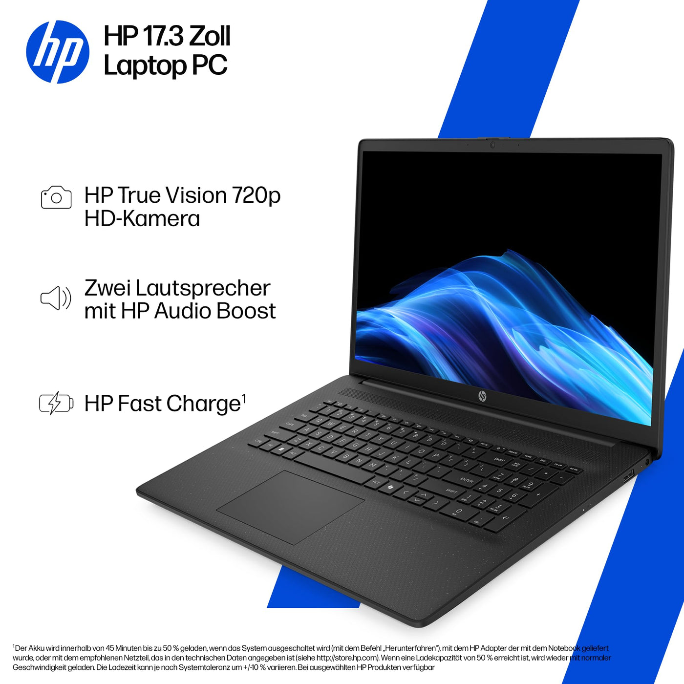HP Laptop mit 17,3" FHD Display, AMD Ryzen 3 7320U, 8 GB DDR5 RAM, 512 GB SSD, AMD Radeon Grafik, Windows 11, QWERTZ, Silber inkl. 25 GB Dropbox-Speicher für 12 Monate