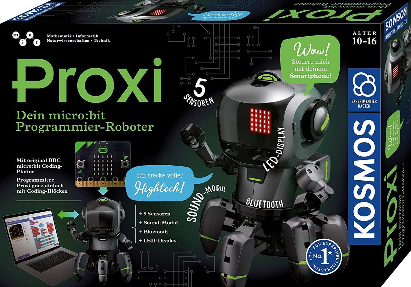 KOSMOS 620585 Proxi - Dein microbit Programmier-Roboter, mit 5 Sensoren, LED-Display, Bluetooth, Soundmodul, Programmieren und staunen, Experimentierkasten für Kinder ab 10-16 Jahre, Roboter-Spielzeug