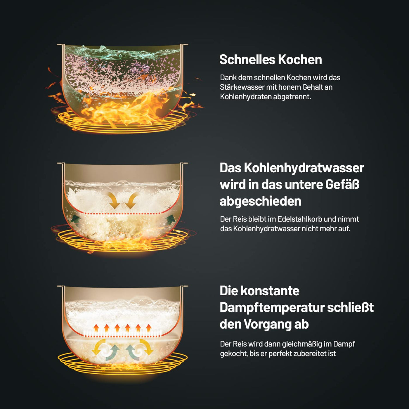Lauben Low Sugar Reiskocher Rice Cooker mit Low-Sugar-Funktion, 3l Volumen, 6 modi, verzögerter Start, Warmhalten, Antihaft-Keramikoberfläche spülmaschinengeeignet, Kochbuch, Überlaufschutz (Antracit)