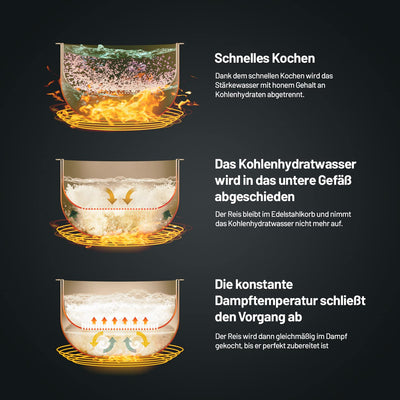 Lauben Low Sugar Reiskocher Rice Cooker mit Low-Sugar-Funktion, 3l Volumen, 6 modi, verzögerter Start, Warmhalten, Antihaft-Keramikoberfläche spülmaschinengeeignet, Kochbuch, Überlaufschutz (Antracit)