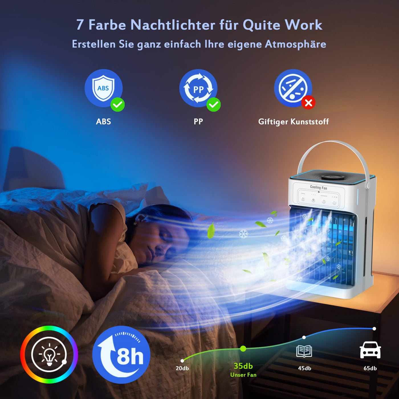 Mobile Klimaanlage mit Fernbedienung,1100ML Mini Luftkühler mit Wasserkühlung, 2-8H Timer & 7 LED，3 Luftgeschwindigkeiten & 3 Kühlnebel, Mobiles Klimagerät für zimmer,Wohnungen und Büro