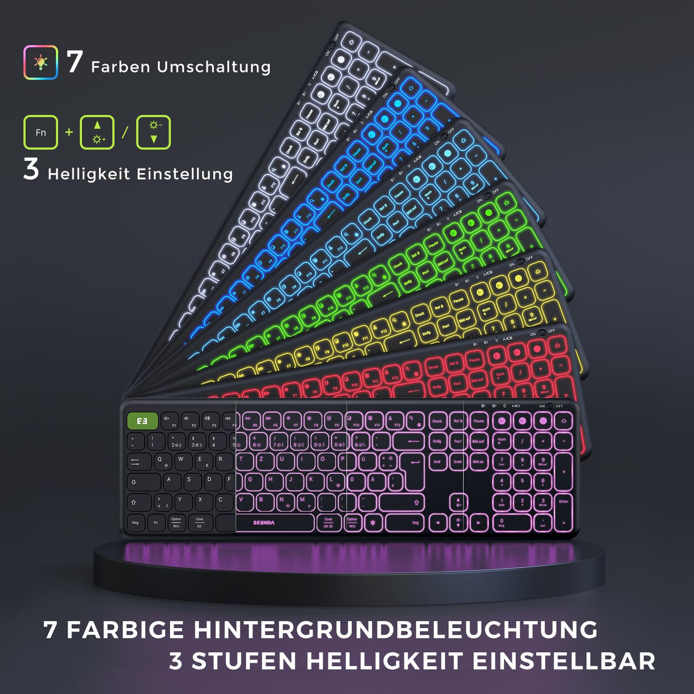 seenda Tastatur kabellos beleuchtet, USB & Bluetooth Tastatur mit 7 Farben Hintergrundbeleuchtung, Wiederaufladbare Leise Funktastatur für PC, Laptop, MacBook,Tablet, QWERTZ Layout(Schwarz)