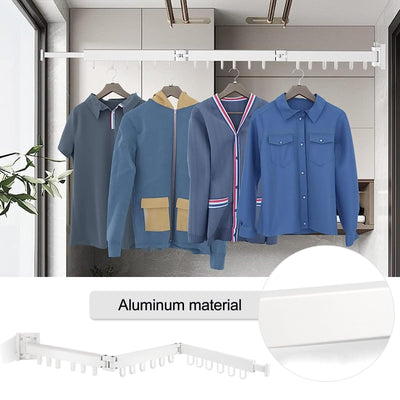 SWAWIS Wäscheständer Wandmontage Kleiderstange 120cm Ausziehbar Klappbar Wäscheständer Kleiderstange Wand mit 18 Haken für Balkon, Wäsche, Badezimmer, Schlafzimmer, DREI Falten, Weiß