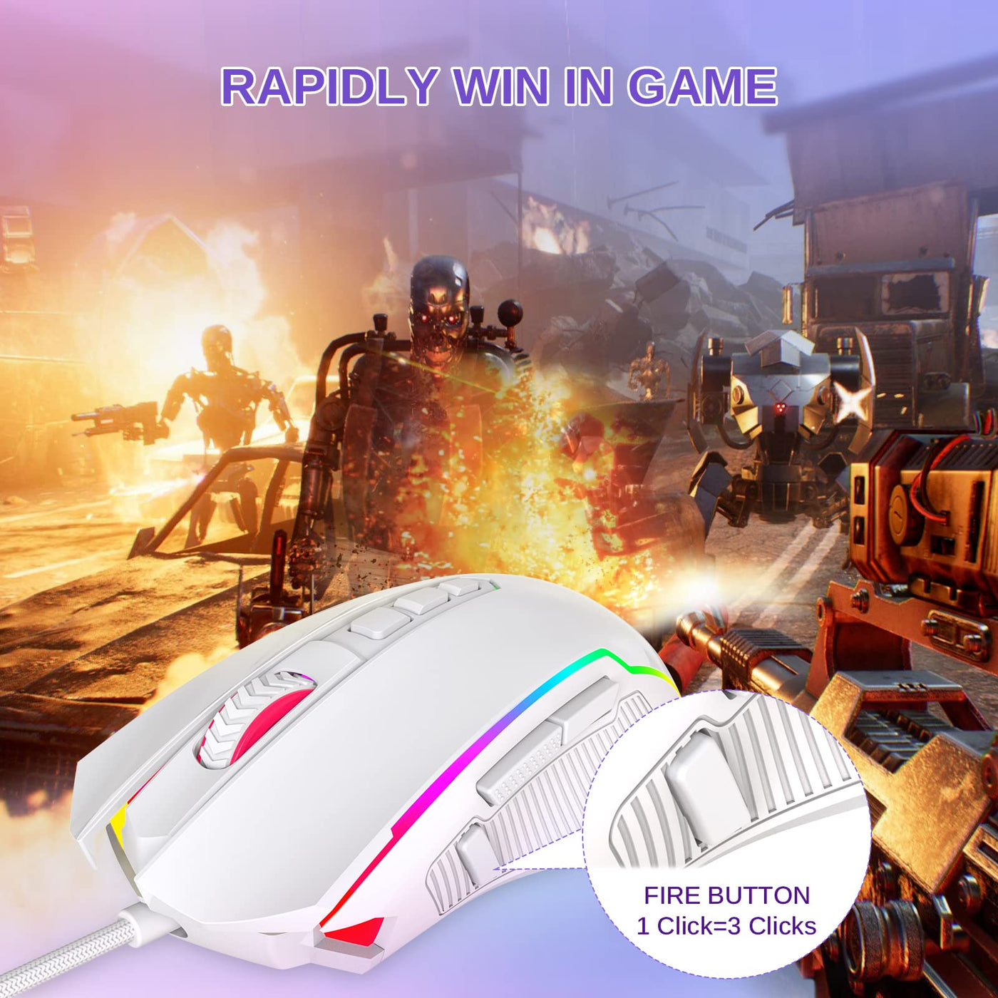 Redragon Gaming Maus, Gaming Mouse mit RGB und Einstellbar 8000 DPI, Maus mit 9 programmierbare Tasten und Feuertaste, RGB Gaming Maus mit ergonomisches Design für MMO/FPS/PC/Windows/Mac, Weiß