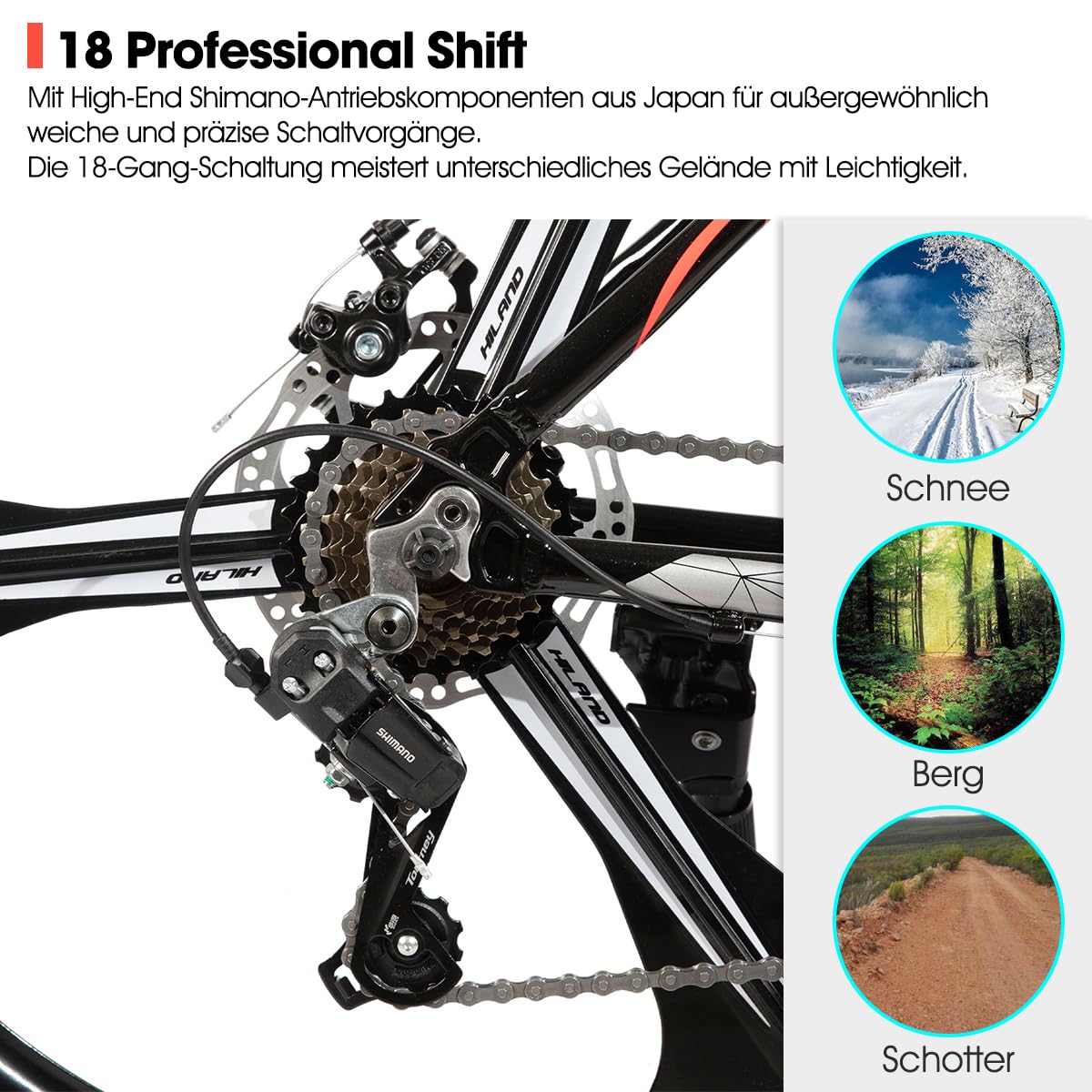 HILAND 26 Zoll Mountainbike für Erwachsene, 3 Speichenrad 18 Gang Herren Damen Mountainbike, mit Doppelscheibenbremse, 26 Zoll MTB Aluminiumrahmen Fahrrad, Schwarz