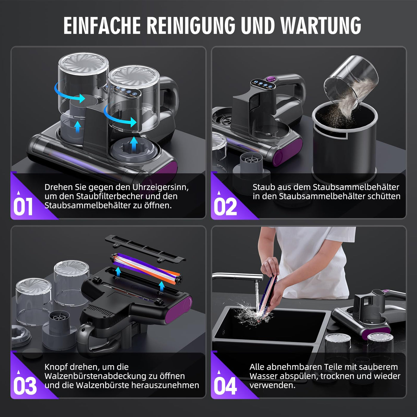 JPHYLL Milbensauger für Matratzen Milbenstaubsauger mit UV-C Licht 16Kpa Absaugung Matratzenreiniger HEPA Filter Ultraschall Hitze Bürstenrolle Technologien Polstersauger Handstaubsauger 500W Kabel