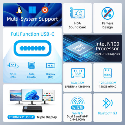 MeLE Mini-PC Quiter4C N100, ohne Betriebssystem, Lüfterloser PC 8GB/128GB, Multi-System-Unterstützung für Win/Linux/Ubuntu, 4K HDMI,USB-C PD3.0 mit voller Funktion, Kleiner Formfaktor für IoT