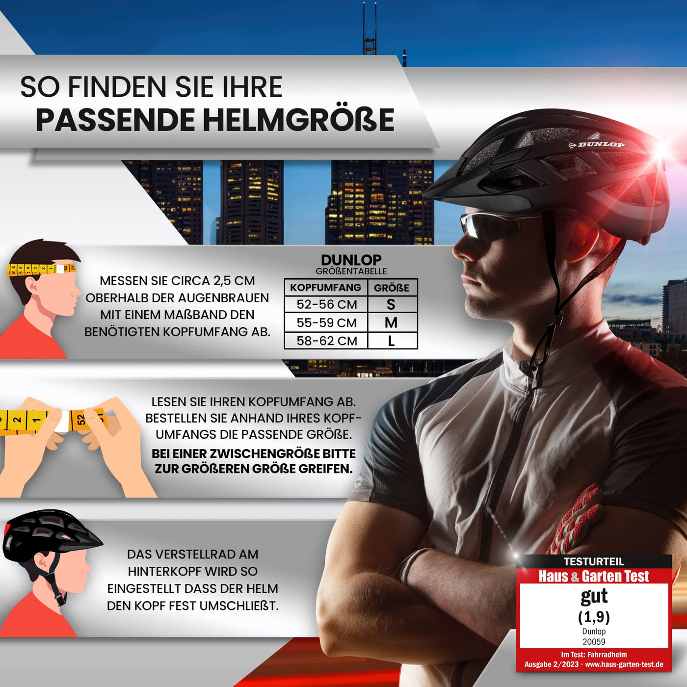 Dunlop Sports Fahrradhelm mit Licht - Sofort gesehen Werden - Ultraleichter Spezial Damen Herren Kinder Fahrrad Helm mit Visier und Rücklicht für hohe Sicherheit - Urban (Schwarz, M (55-59 cm)