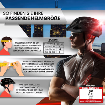 Dunlop Sports Fahrradhelm mit Licht - Sofort gesehen Werden - Ultraleichter Spezial Damen Herren Kinder Fahrrad Helm mit Visier und Rücklicht für hohe Sicherheit - Urban (Schwarz, M (55-59 cm)