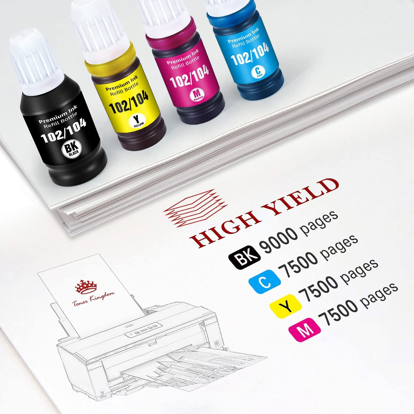 Toner Kingdom 102 Tinte Multipack 104 Tinte Kompatibel für Epson 104 Ecotank 4-Colour Multipack für Epson ET-2720 ET-2710 ET-2715 ET-2820 für Epson 102 EcoTank ET-2750 ET-2850 ET-4750 ET-2856 ET-4850