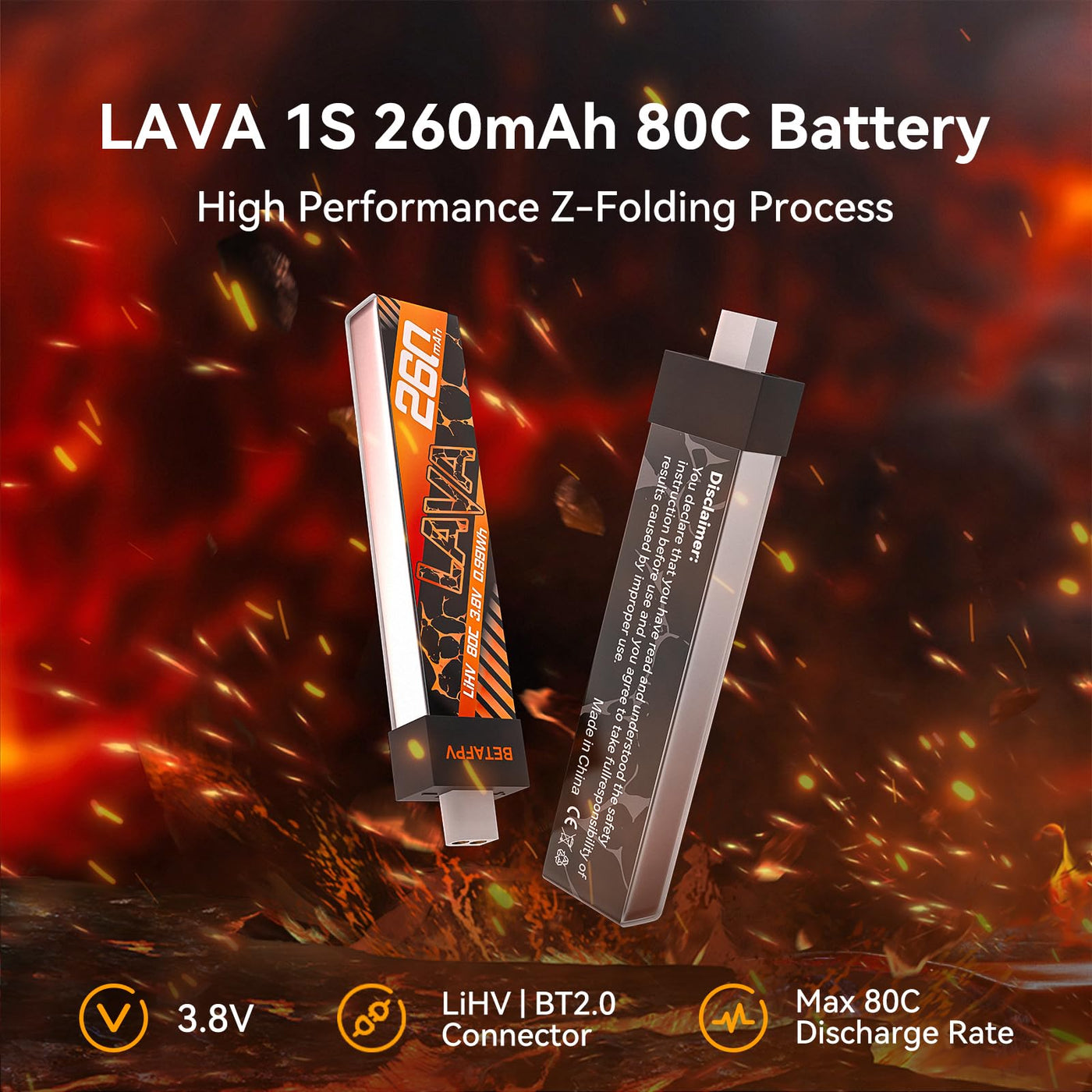 BETAFPV 5Stück Lava 1S 260mAh Lipo-Akku 3,8V 80C LiHV-Akku mit BT2.0-Anschluss, kompatibel mit 1S FPV Tiny Whoop Drohne Quadcopter wie Air65, Meteor65, Meteor65 Pro 1S Brushless Drohne