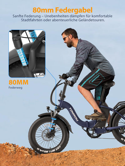 Touroll S2 E-Bike Klapprad Elektrofahrrad mit 20×4.0 Zoll Fat Tire, 48V 720Wh Akku für Lange Reichweite bis 120KM, 250W 55N.M Motor, 7-Gang-All-Terrain E-bike Herren Damen für MTB,Stadtpendler & Wildn