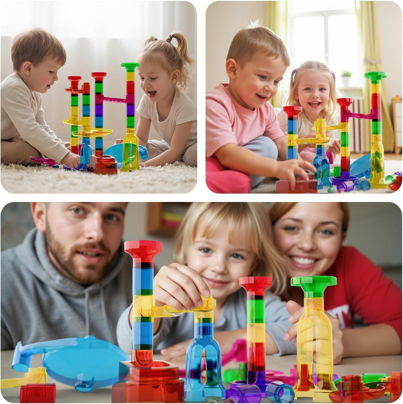 Murmelbahn Logikspiele Mehrfarbige kugelbahn 109 Stück transparent Bahnelementen und murmeln STEM Marble Rush Doppelspiel Spielzeug Geschenk für Kinder Jungen Mädchen ab 3-12 Jahre
