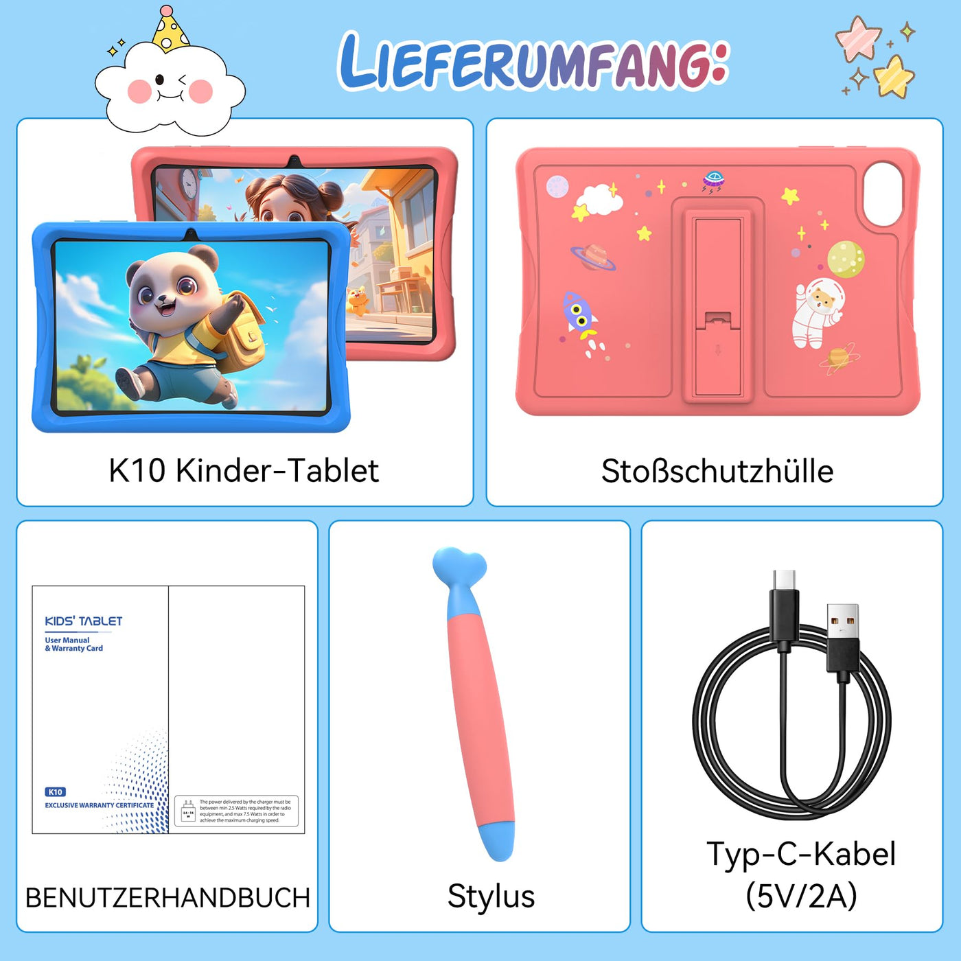 TABWEE Kinder Tablet 10 Zoll, Android 15 mit 12GB RAM + 64GB ROM + 2TB Erweiterbar, 5G WiFi, Widevine L1, 5000mAh, Quad Core, Elterliche Kontrolle, GMS Certified Kids Tablet mit Eva Case