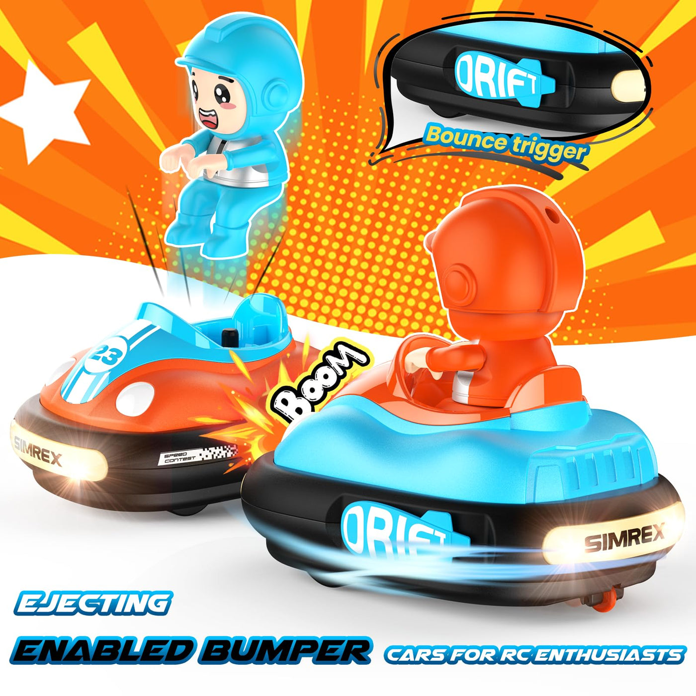 SIMREX Ferngesteuertes Auto 2er Set, Autoscooter ferngesteuert Kinder mit LED-Lichtern, Ton, Kampf Stunt Autos, perfekte RC Bumper Cars Kleinkind Spielzeug für Alter 3+ Jahre alte Jungen Mädchen