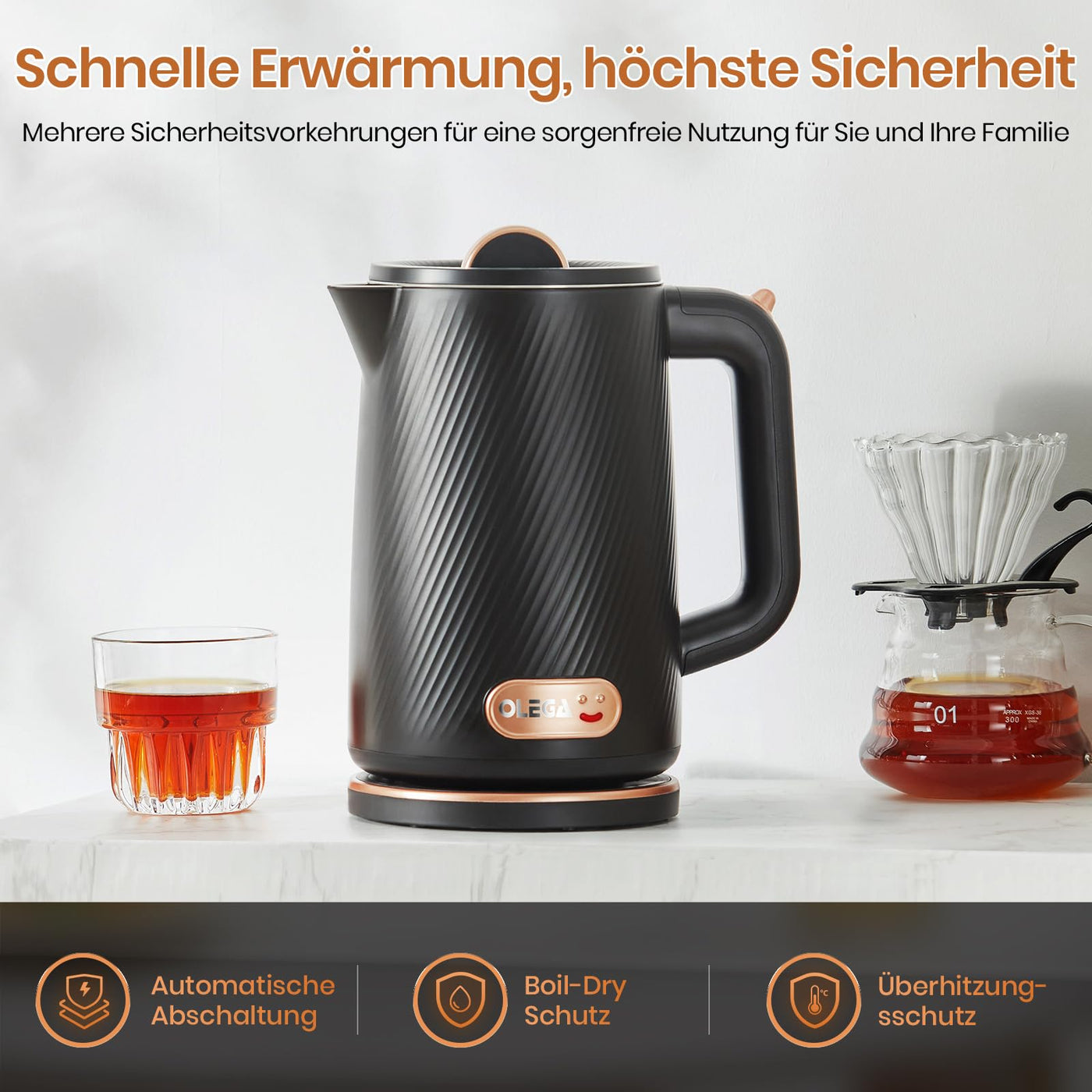 OLEGA Wasserkocher - 1800W Schnellaufheizender Elektrischer Teekessel BPA-freier 304 Edelstahl Elektrischer Wasserkocher mit Automatischer Abschaltung und Trockengehschutz Perfekt für die Familie 1.8L