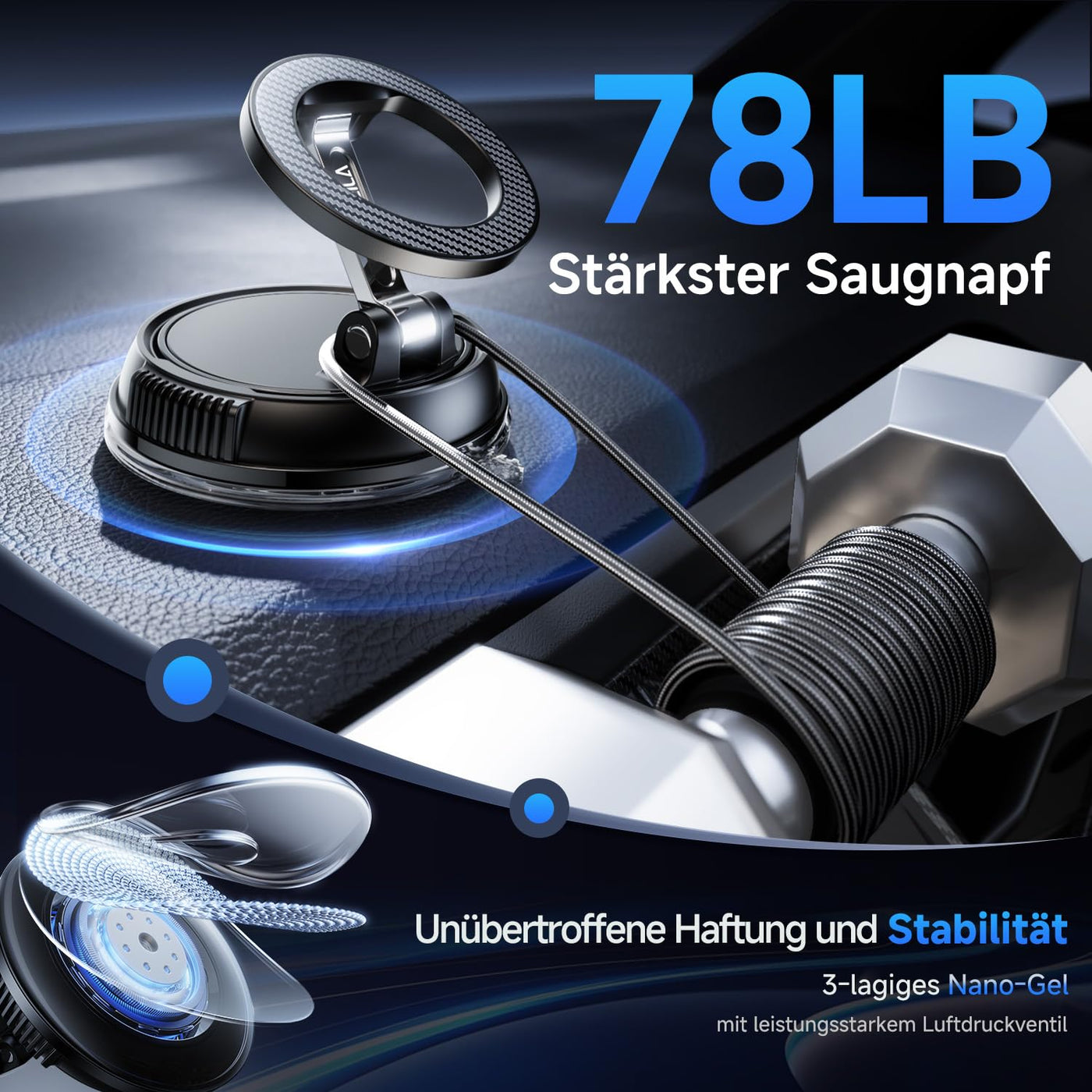 Moeila Vakuum Handyhalterung Auto Magnetische, 360° Drehbare Mag&Safe Handyhalterung, KFZ Autohalterung mit 78+LBS stärkste Saugkraft & 2400gf stärkster Magnet, für Alle Handys, Schwarz.