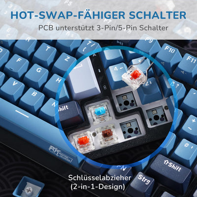 RK ROYAL KLUDGE RK98 Mechanische Tastatur Kabellose Gaming Tastatur 2.4G/Bluetooth 5.1/USB-C RGB Hinterleuchtet Deutsches Layout QWERTZ 100 Tasten Hot Swappable Braune Schalter, Blau