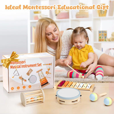 Musikinstrumente für Kinder, Montessori Musikinstrumente Set, Musik Holzspielzeug für Jungen und Mädchen, Spielzeug Geschenke Trommel Xylophon für Kleinkinder ab 1-3 Jahren