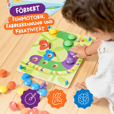 Nene Toys Holz-Steckspiel für Kleinkinder ab 2 Jahren - Mosaik Steckspiel für Kinder 2 3 Jahre - Montessori Spielzeug mit Bunten Knöpfen & Zuordnungskarten - Lernspiele für 2 jährige Jungen Mädchen