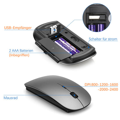 Tastatur Maus Set Ultra Slim, TopMate 2,4G Stille Compact USB 2400DPI Maus und Schissschalter Tastatur mit Abdeckung, mit 2 AA und 2 AAA Batterien für PC/Laptop/Windows/Mac - Grauschwarz