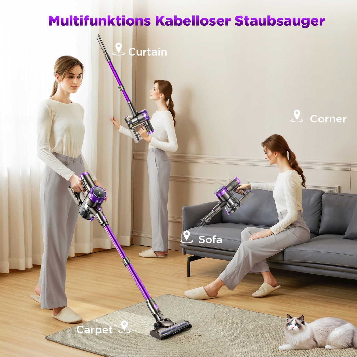 Suafsu Akku Staubsauger Kabellos 45000Pa 550W Akkusauger - Bis zu 65 Min Laufzeit mit LED Display und Anti Tangle Bürste Für Tierhaare Hartböden Teppich