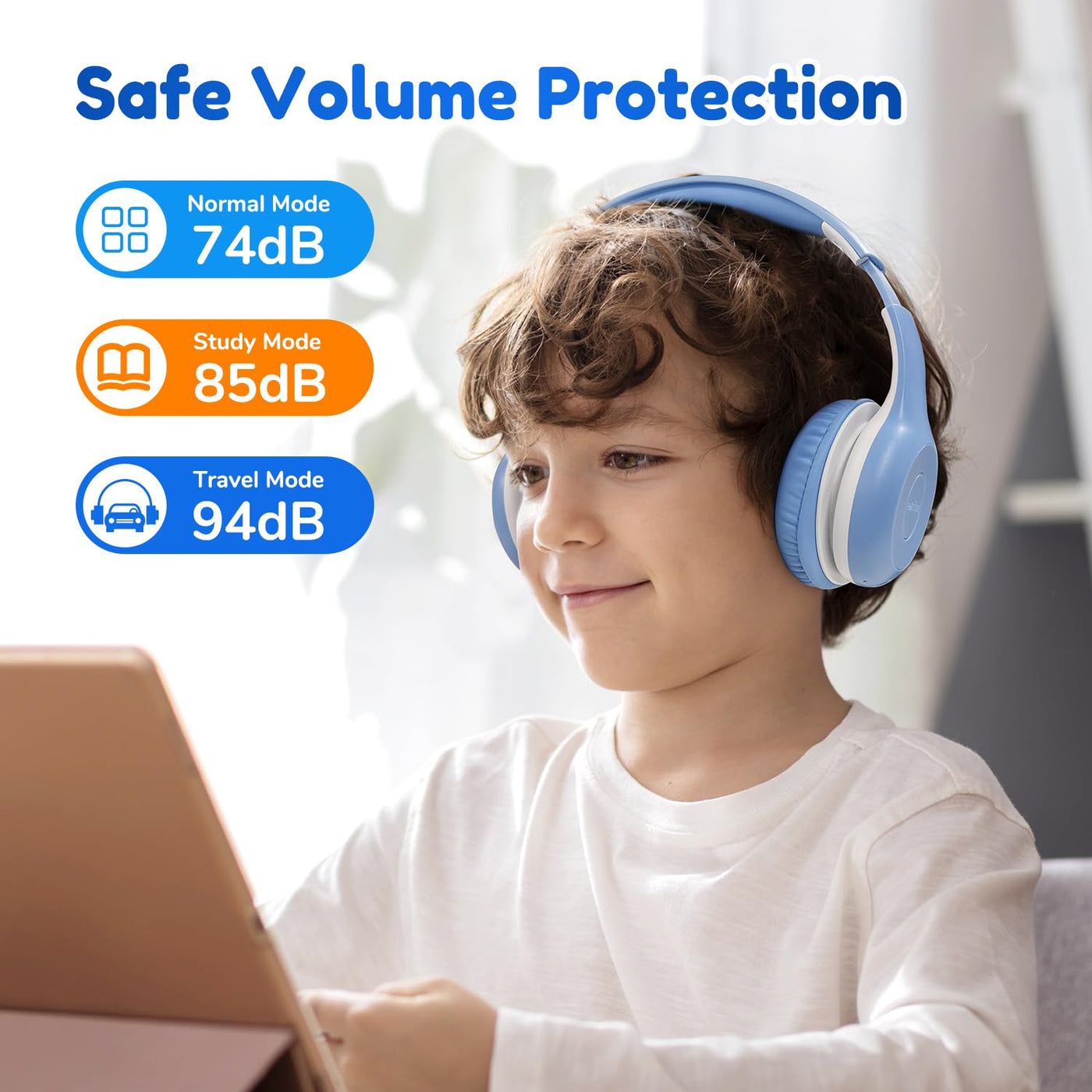 EarFun Bluetooth Kopfhörer Kinder, 74/85/94dB Lautstärkeregelung, HiFi Sound, HD-Mikrofon, 45 Std Akku, Faltbare, Einstellbar, Kopfhörer Kabellos Bluetooth Kinder für Schule/Reise/PC, Himmelblau