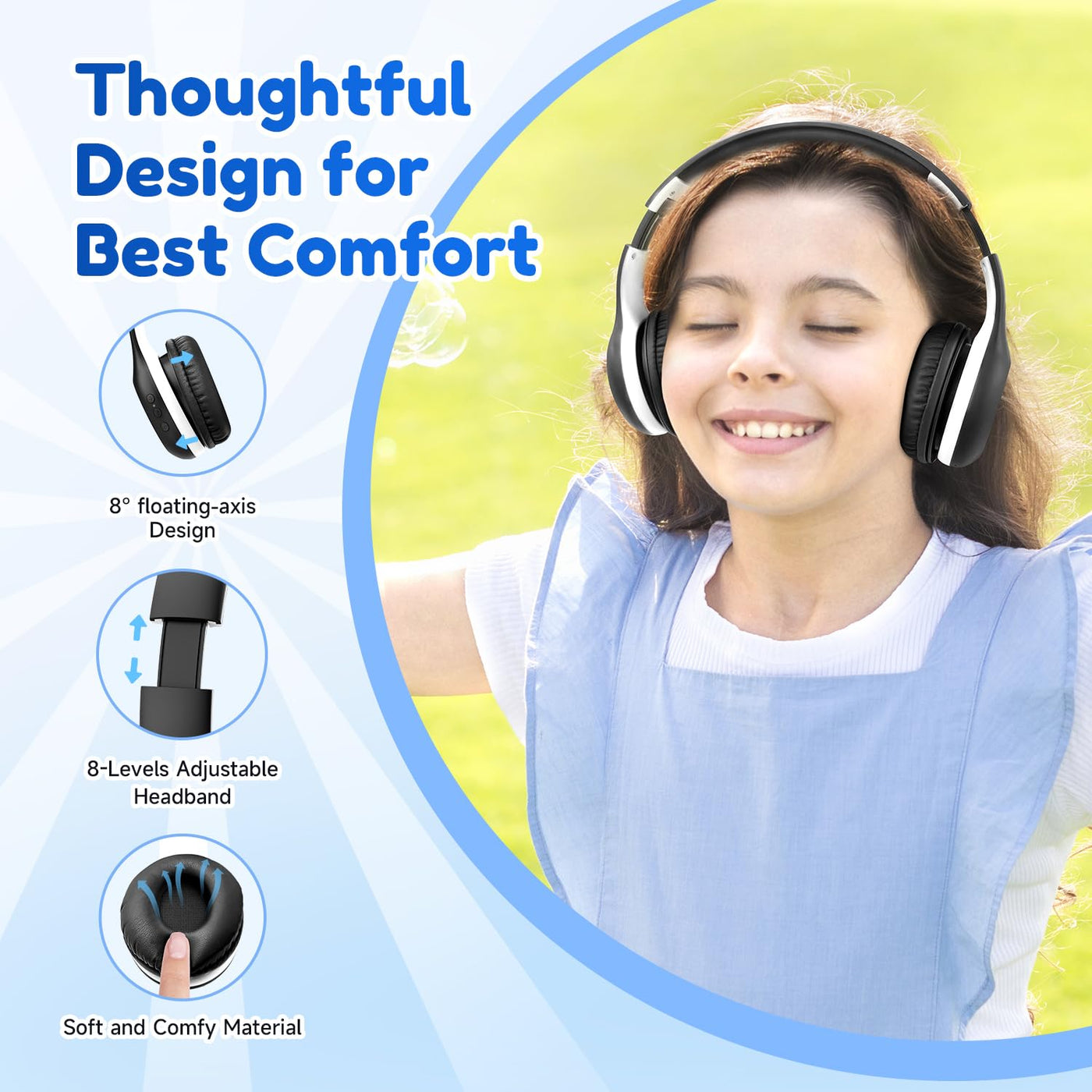 EarFun Bluetooth Kopfhörer Kinder, 85/94dB Lautstärkeregelung, HiFi Sound, HD-Mikrofon, 40 Std Akku, Faltbare, Einstellbar, Kopfhörer Kabellos Bluetooth Kinder für Schule/Reise/PC, Schwarz