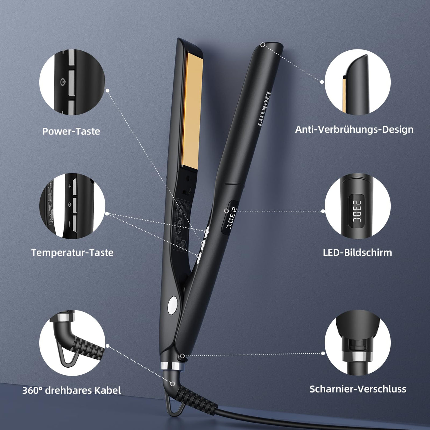 Dekuri 2 in 1 Glätteisen Locken und Glätten, Glatte Titanplatte Haarglätter, 30s Schnellaufheizung, 120-230℃ LED Display, Ionische Haarglätter für Frauen - Schwarz