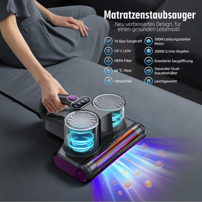 JPHYLL Milbensauger für Matratzen Milbenstaubsauger mit UV-C Licht 16Kpa Absaugung Matratzenreiniger HEPA Filter Ultraschall Hitze Bürstenrolle Technologien Polstersauger Handstaubsauger 500W Kabel