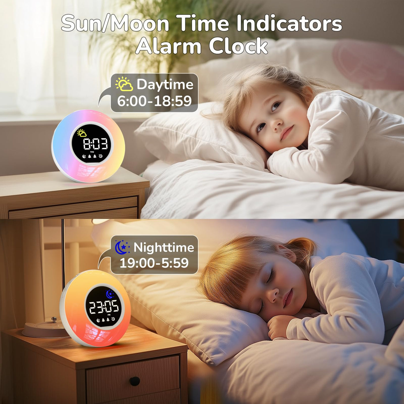 HERMIC Wecker Digital, Kinderwecker mit Nachtlicht, 12 White Noise, 2 Alarme, Snooze und Timer, Einstellbare Helligkeit und Lautstärke, Wecker Kinder für Schulanfänger Mädchen Jungen, Netzbetrieben