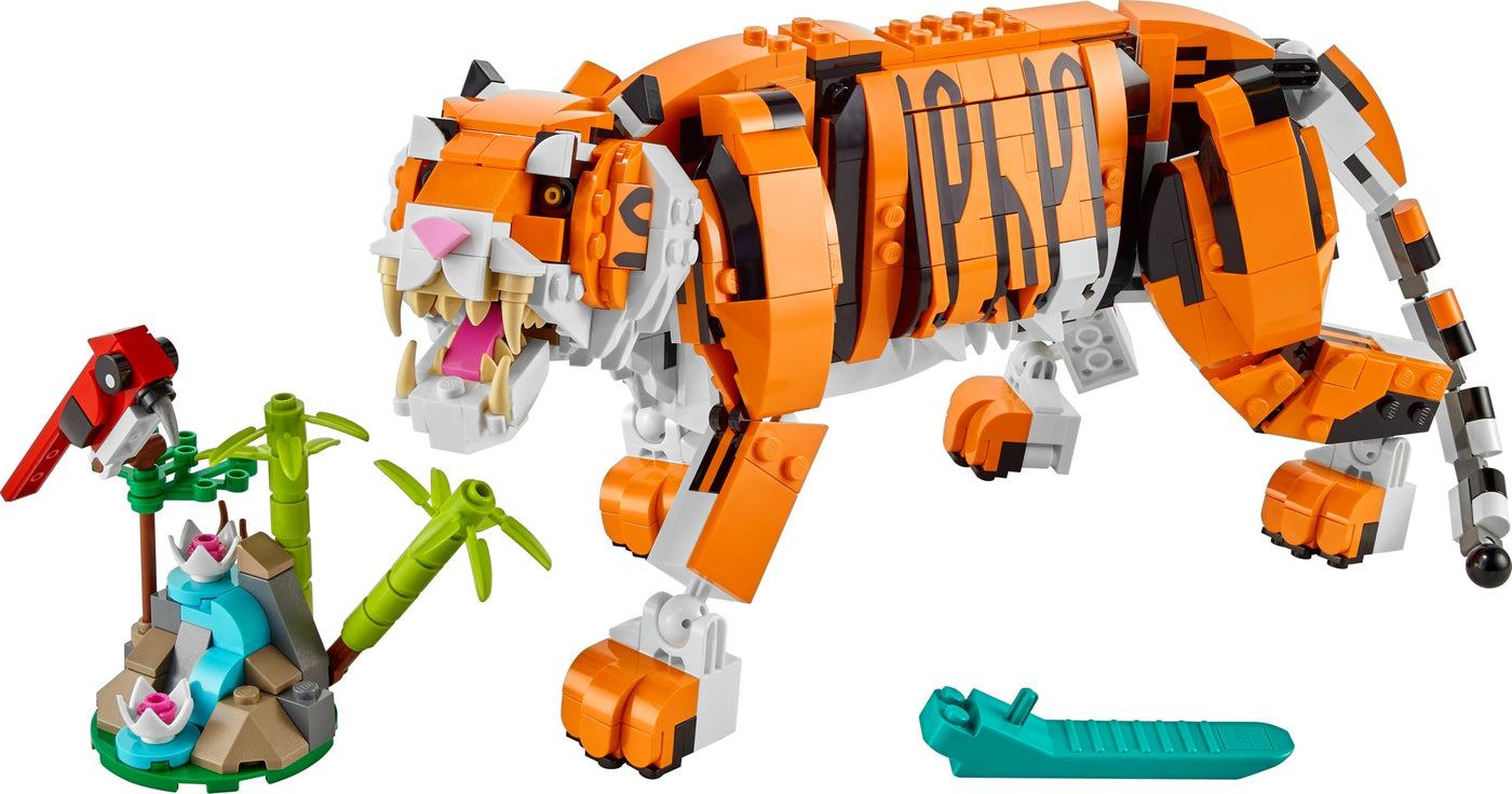 LEGO 31129 Creator Majestätischer Tiger, Panda oder Fisch, 3-in-1 Tierfiguren-Set, Spielzeug für Kinder, Jungen und Mädchen, Konstruktionsspielzeug mit Tieren