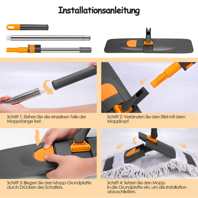 Myiosus Bodenwischer, Wischmopp groß, 60cm Breit wischer Boden, Industrieller Mop mit 126cm Edelstahl Teleskopstiel, 360° drehbarer Flachmopp für Hartholz Fliesen Marmor Laminat (2 Mikrofaser Pads)