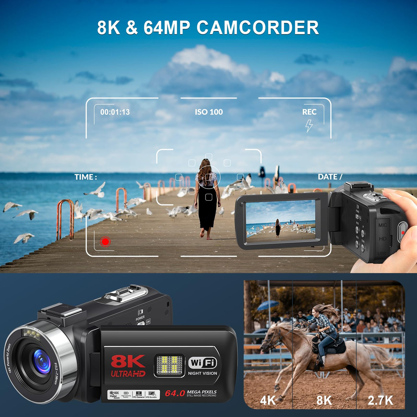 Delmodes 8K 64MP Videokamera Camcorder 18X Digitalzoom IR Nachtsicht Vlogging Kamera, 3,0 Zoll UHD Touchscreen WiFi Videokamera für YouTube mit SD-Karte, 2,4G Fernbedienung und 2 Batterien
