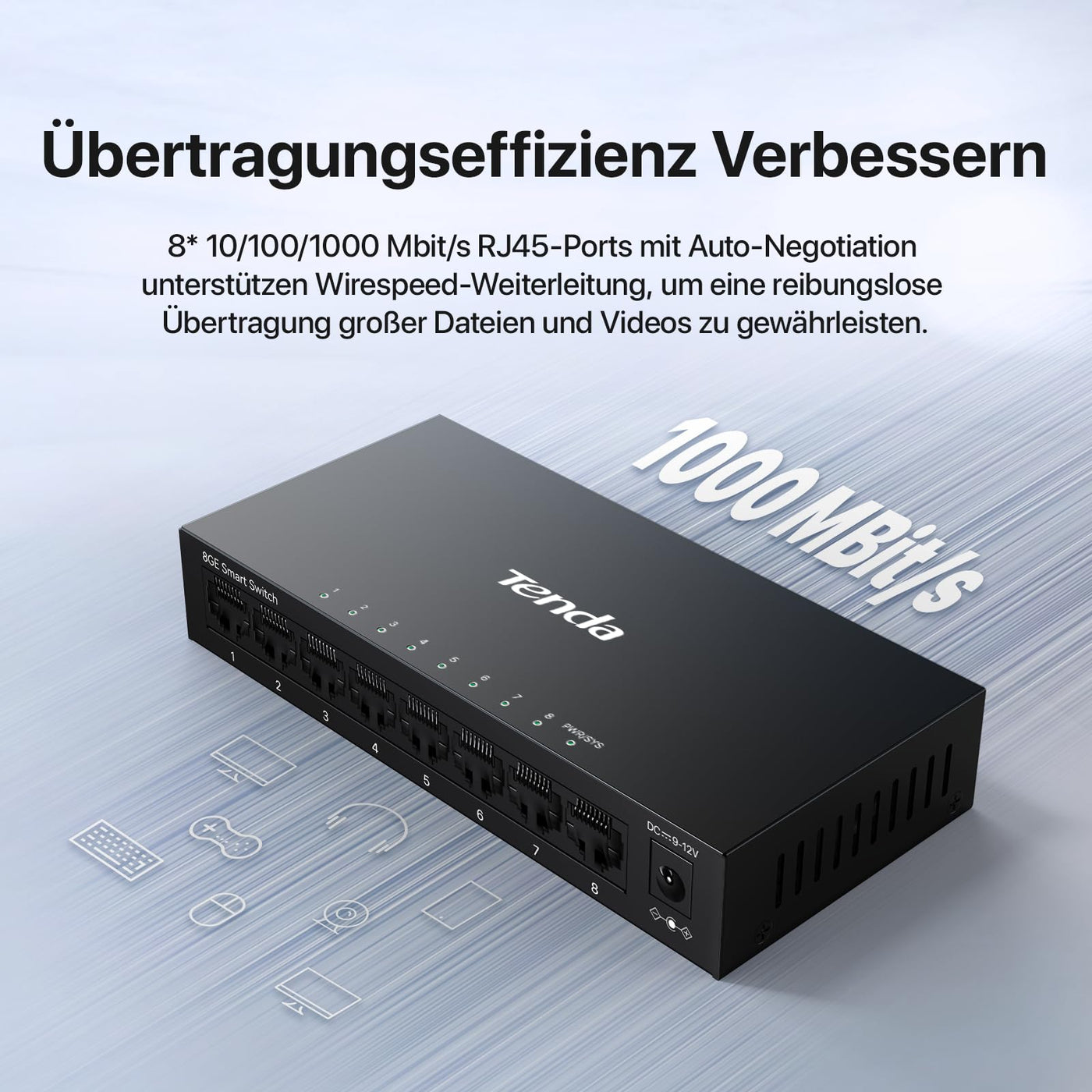 Tenda TEG208E Managed Switch 8 Port Gigabit Netzwerk Switch (IGMP-Snooping, QoS, VLAN, DHCP- Snooping, LAG, MAC Address Binding, Lüfterlos, Energieeffizient, Metall) LAN Verteiler LAN Splitter