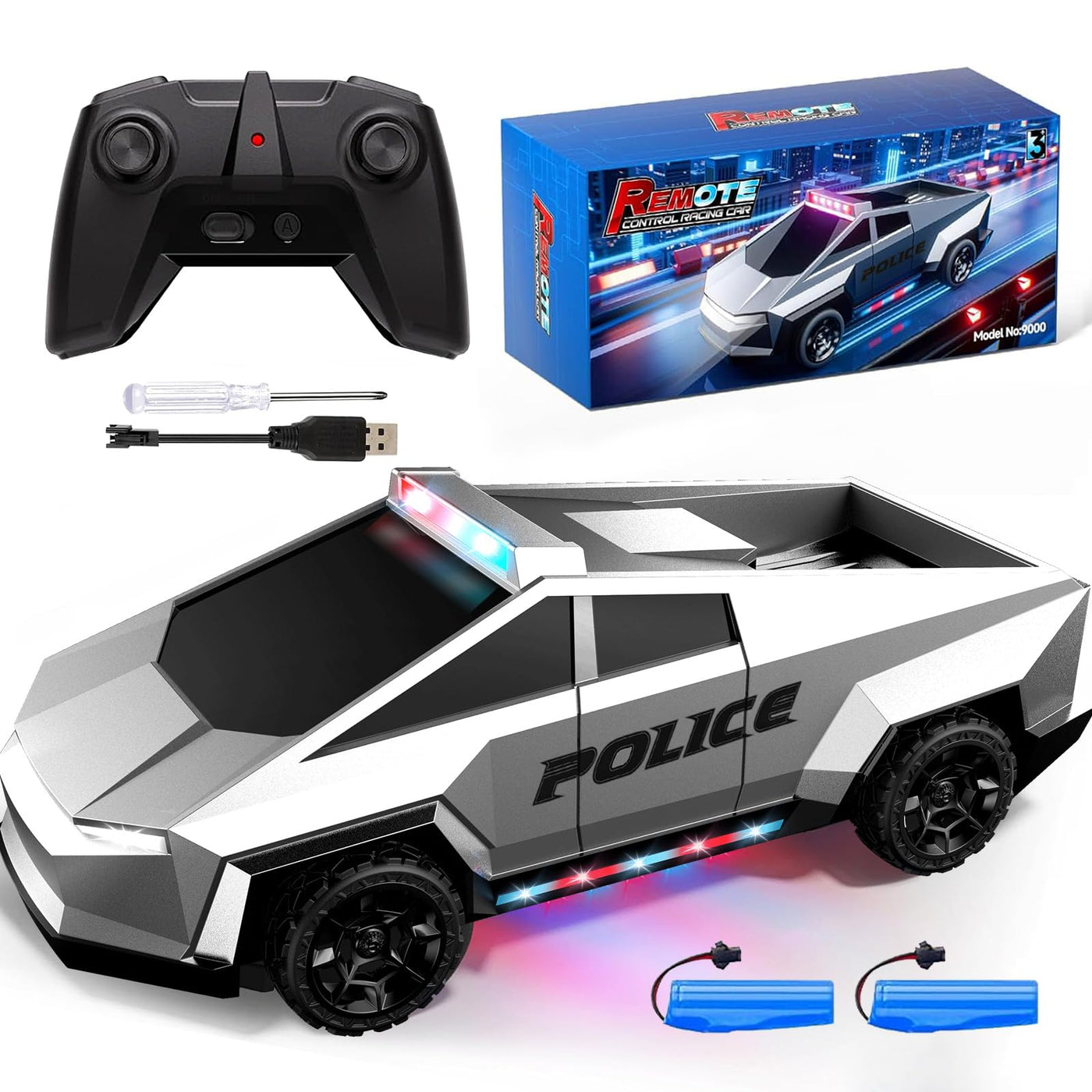 Tecnock Ferngesteuertes Auto für Kinder, 1:18 Maßstab Polizeiauto mit LED-Lichtern, 2 wiederaufladbare Batterien, 2,4GHz All-Terrain RC Auto, Spielzeug Geschenk für Jungen & Mädchen ab 3–12 Jahren+