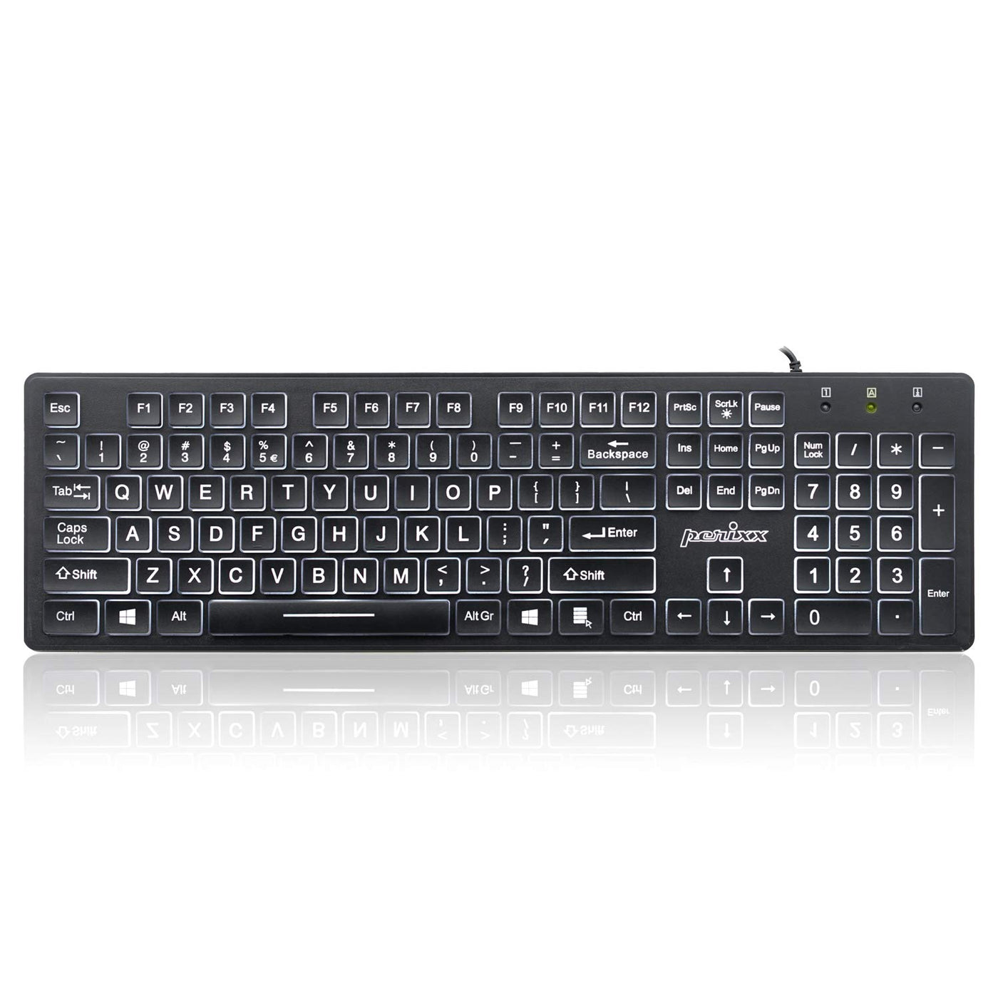 Perixx PERIBOARD-317 USB-Tastatur mit kabelgebunden, beleuchtet, Big Print Letter mit weiß beleuchteter LED, US-Layout, Schwarz