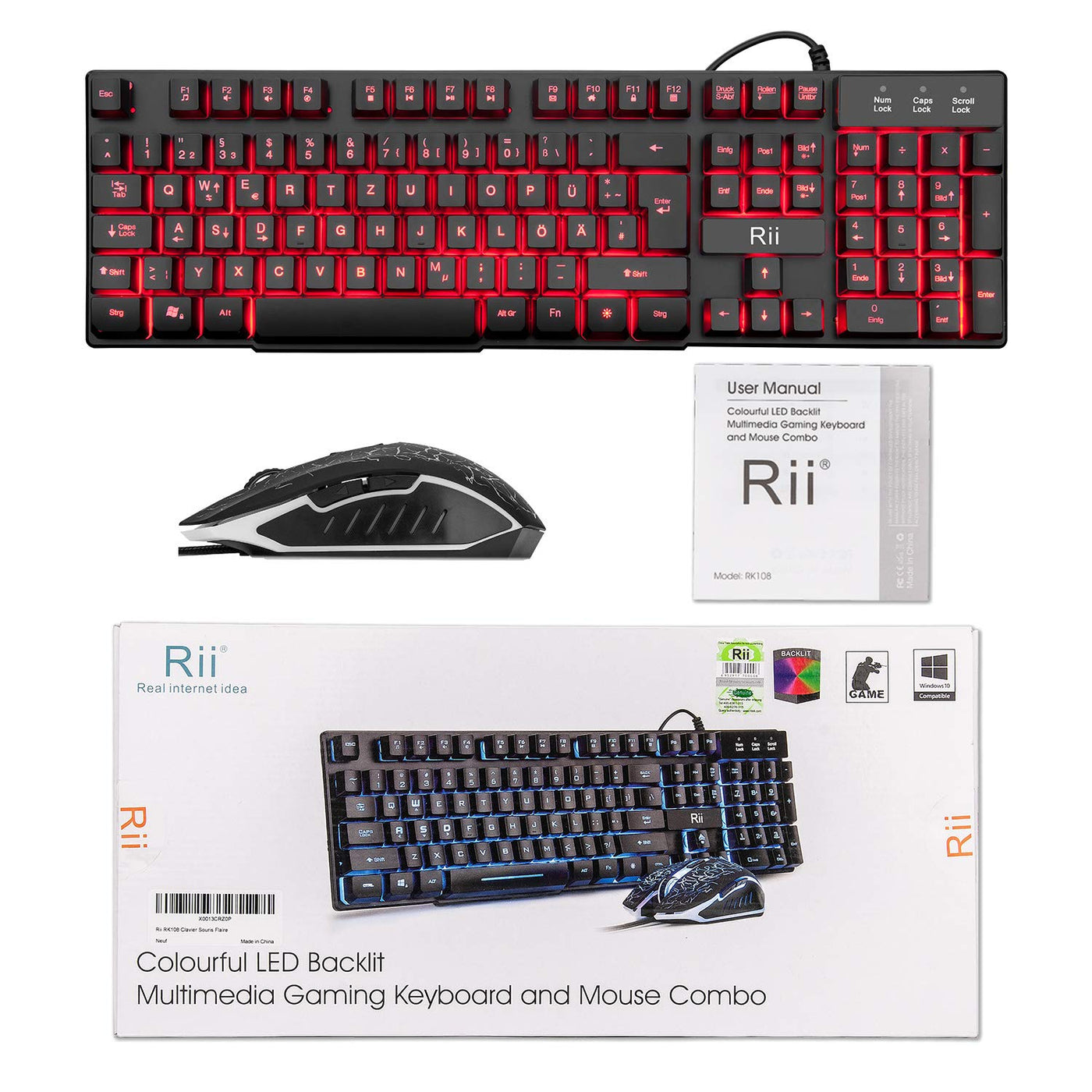 Rii Gaming Tastatur und Maus Set, 3 LED Hintergrundbeleuchtung, ideal für Gaming und Büro, kompatibel mit PC (DE-Layout, Schwarz)