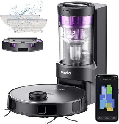 EUREKA E10s DE Saug- & Wischroboter + beutelloser Multi-Zyklon-Absaugstation (4000Pa, auto Teppicherkennung & auto Mop Lifting, LiDAR-Navigation, ideal gegen Tierhaare, App- & Sprachsteuerung) schwarz