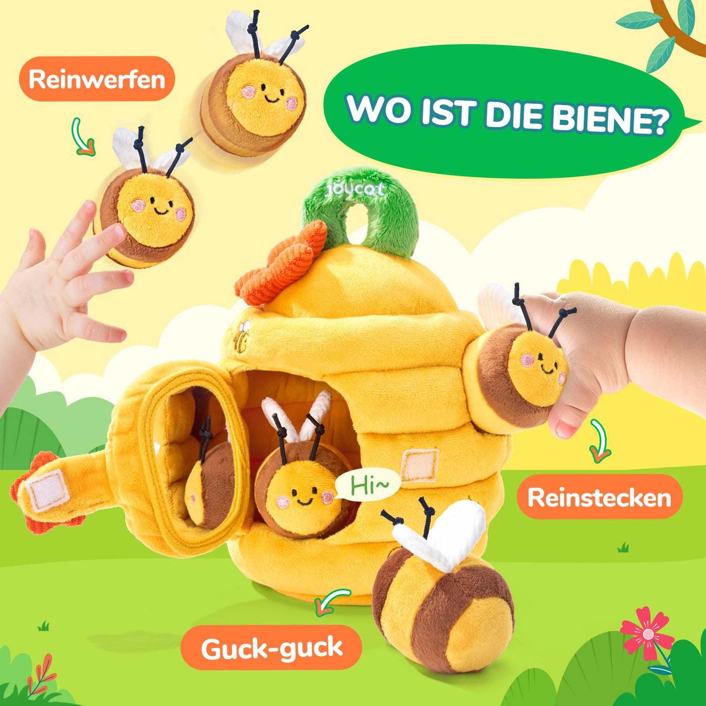JoyCat Baby Spielzeug 6 Monate, Baby Bienenstock mit 5 Bienen, Rassel, Spiegel, Montessori Spielzeug ab 6 8 9 12 Monate, Motorikspielzeug Sensorik Spielzeug Geschenk für Jungen Mädchen