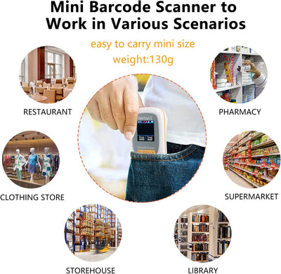 LENVII Mini Wireless Barcode Scanner Bluetooth 3-in-1 Portable Barcode Reader kabellos 1D/2D/QR Code Scanner mit Display Barcode Leser WIN/Android/iOS für Geschäft, Supermarkt, Lager(Weiß)
