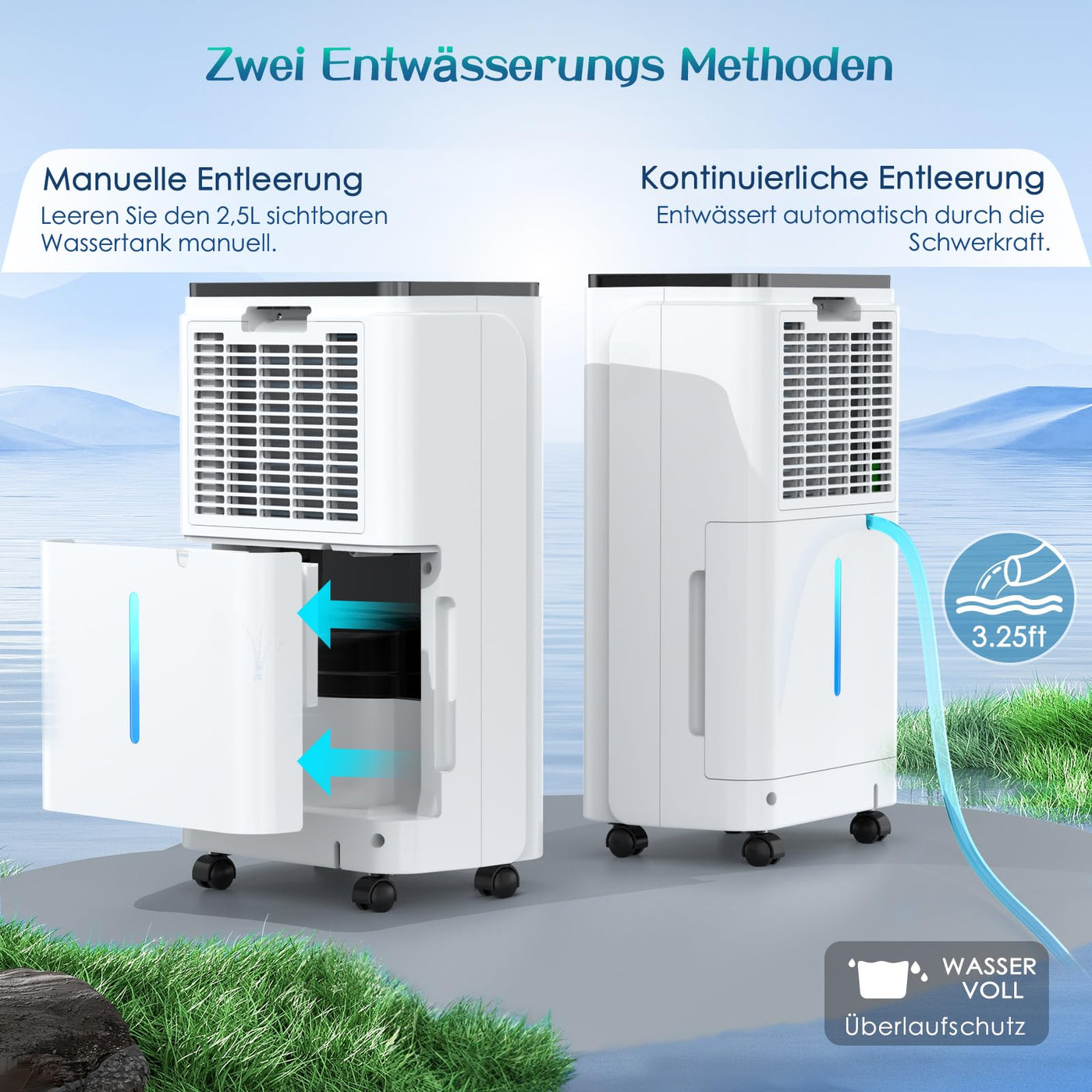 Luftentfeuchter 12L/Tag mit Digitaler Feuchtigkeitsanzeige, Automatische Entfeuchtung, 24H-Timer, Kontinuierliche Entwässerung, 2,5L Wassertank, Abflussschlauch, Ideal für Keller, Gegen Feuchtigkeit