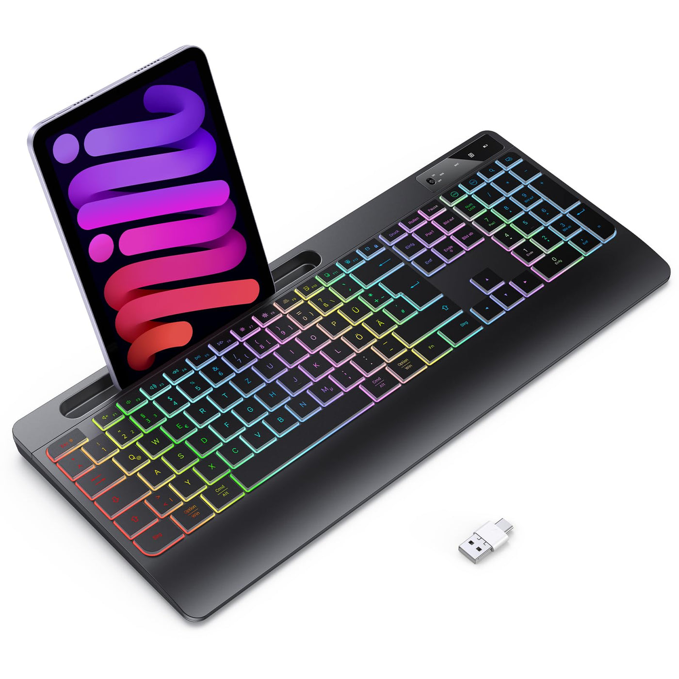 TECURS Gaming Tastatur Kabellos-Leise, Ergonomisch, 2 in 1 USB A/C, Multimedia-Tasten, Handy Halter, Kabellose Tastatur Beleuchtet Wireless für PC/Windows/Mac, QWERTZ Deutsche Layout(Schwarz)